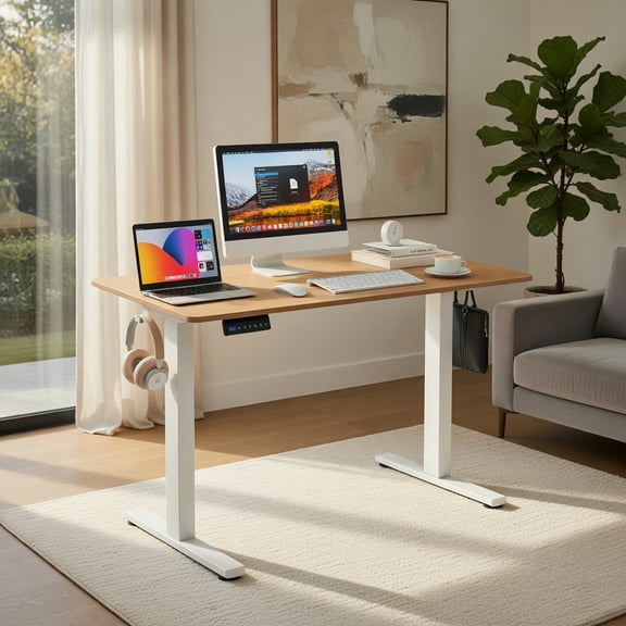 Demi Bonn Electric Standing Desk with 3 Memory Height Settings and 2 Hanging Hooks and Cable Management, Small Home Office Desk Study Writing Table, Beige