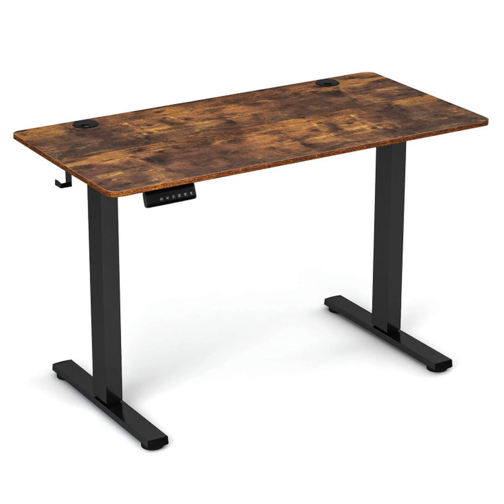 Finihen Electric Standing Desk with 3 Memory Height Settings and 2 Hanging Hooks and Cable Management, Small Home Office Desk Study Writing Table, Brown Finihen Electric Standing Desk with 3 Memory Height Settings and 2 Hanging Hooks and Cable Management, Small Home Office Desk Study Writing Table, Brown