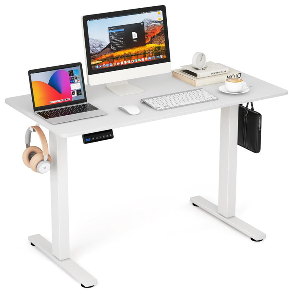 Finihen Electric Standing Desk with 3 Memory Height Settings and 2 Hanging Hooks and Cable Management, Small Home Office Desk Study Writing Table, White Finihen Electric Standing Desk with 3 Memory Height Settings and 2 Hanging Hooks and Cable Management, Small Home Office Desk Study Writing Table, White
