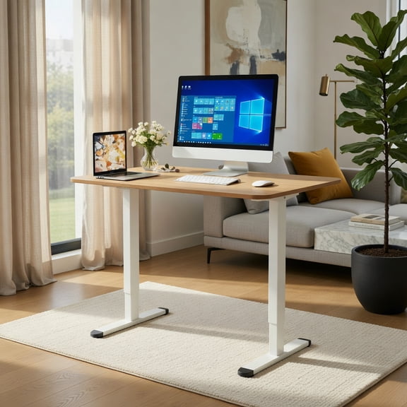 Demi Bonn Electric Standing Desk Adjustable Stand up Computer Desk Anti-collision, Small Home Study Writing Table, Beige