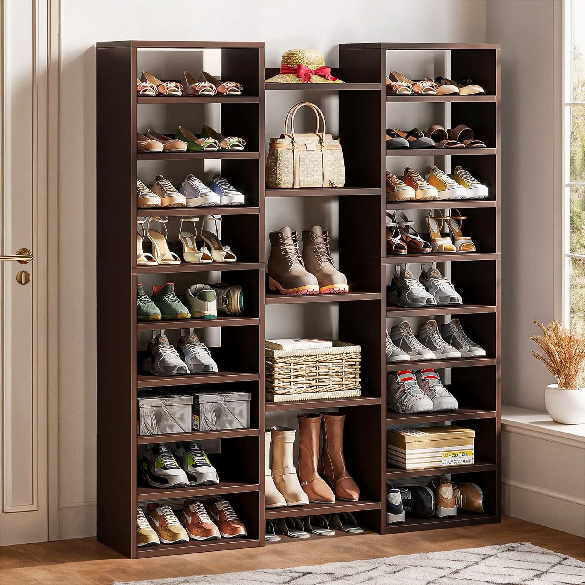 Demi Bonn Elegant Wooden Shoe Storage Cabinet, Space-Saving Solution with Cubbies for 23 Pairs, Freestanding Shoe Rack Organizer, Brown