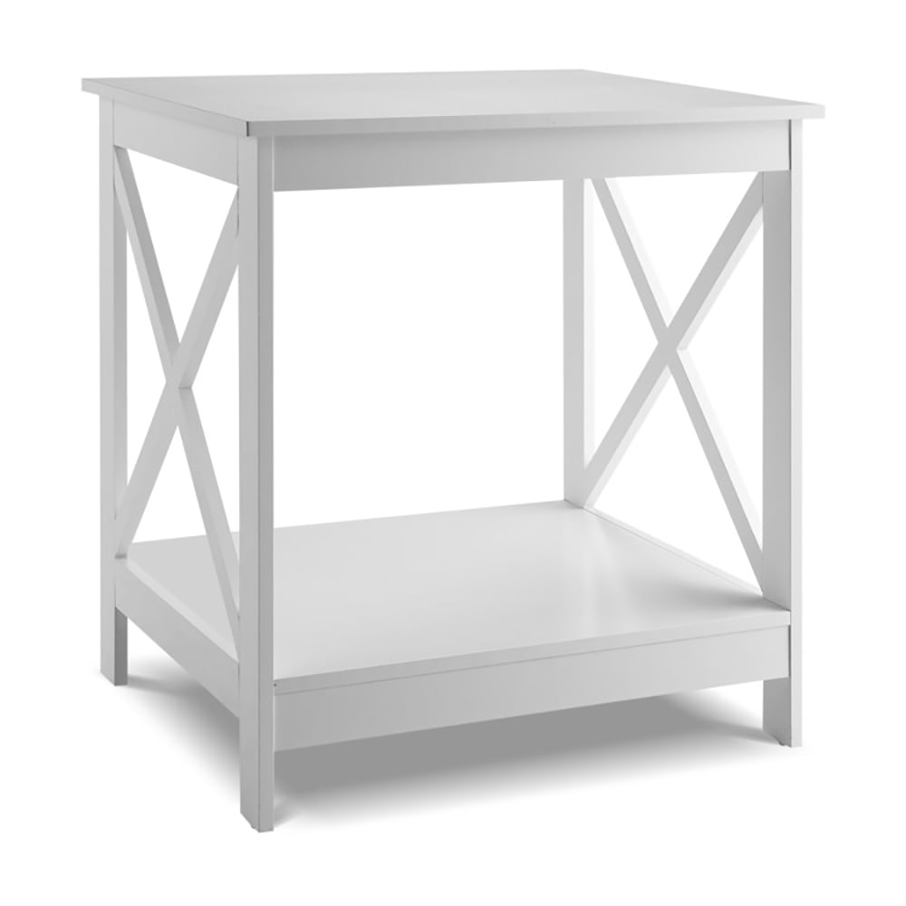 Finihen End Side Table, 2-Tier Side Table with X-shape Design and 4 Solid Legs, Bed Side Table, for Living Room, Bedroom, White Finihen End Side Table, 2-Tier Side Table with X-shape Design and 4 Solid Legs, Bed Side Table, for Living Room, Bedroom, White