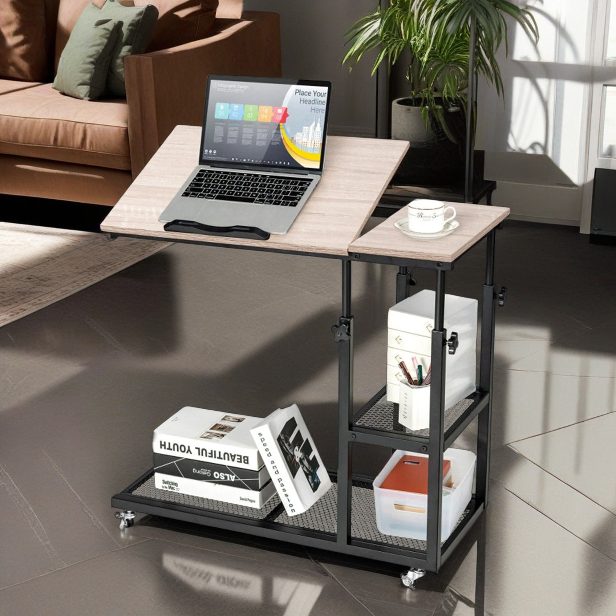 Demi Bonn End Side Table, Adjustable C-Shaped Bedside Table with Wheels, Bed and Sofa Side Table for Living Room, Bedroom, Natural