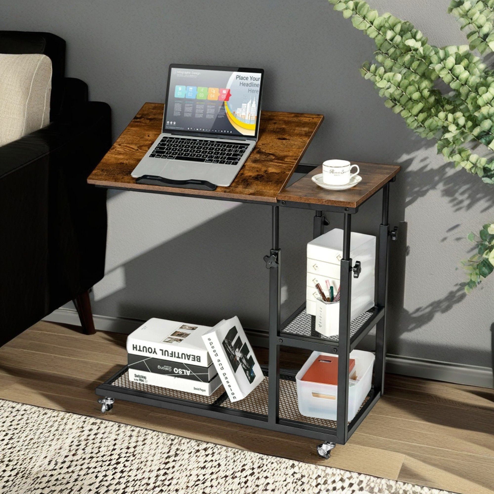 Demi Bonn End Side Table, Adjustable C-Shaped Bedside Table with Wheels, Bed and Sofa Side Table for Living Room, Bedroom, Rustic Brown