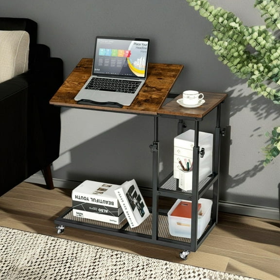 Demi Bonn End Side Table, Adjustable C-Shaped Bedside Table with Wheels, Bed and Sofa Side Table for Living Room, Bedroom, Rustic Brown