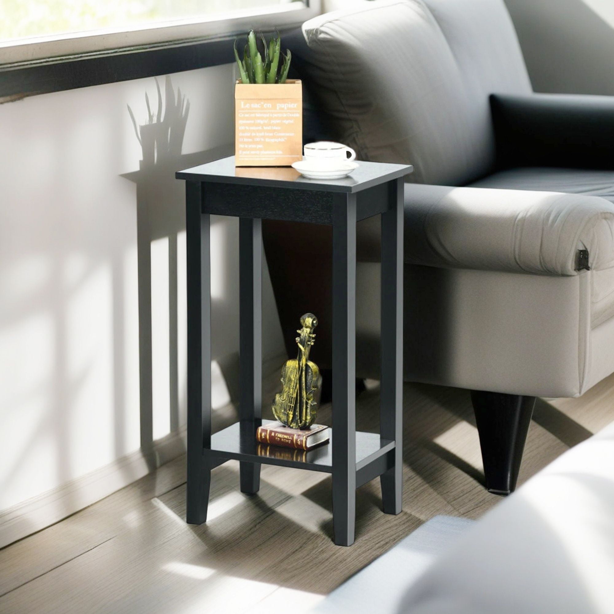 Demi Bonn End Side Table, Bed and Sofa Side Table, 2-Tier Nightstand End Side Wooden Legs Table, for Living Room, Bedroom, Black