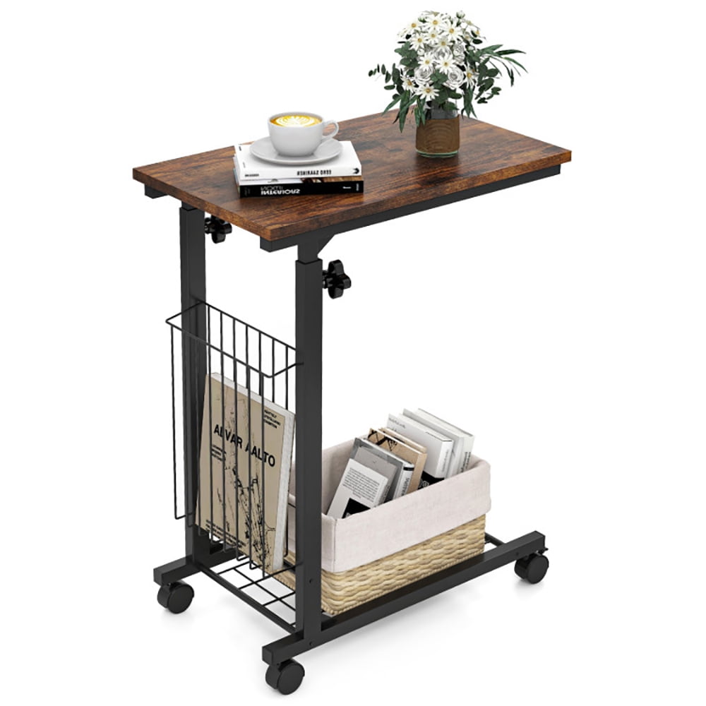 Finihen End Side Table, C-shape Sofa Side Table with Storage Basket, Sofa Side Table, Bed Side Table, for Living Room, Bedroom, Rustic Brown