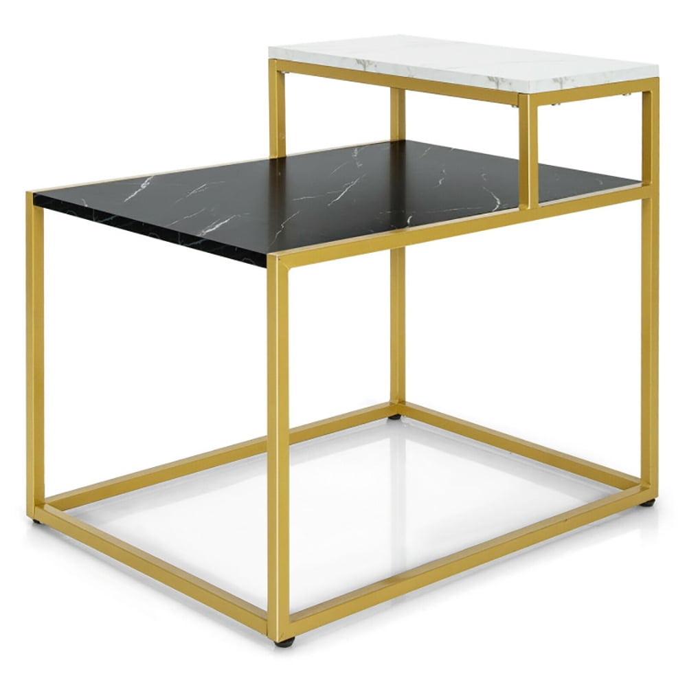 Finihen End Side Table, Rectangular Coffee Table, Gold Metal Frame Side Table, 2 Tier End Side Table with Metal Frame and Storage Shelf, for Living Room, Reception Room, White Finihen End Side Table, Rectangular Coffee Table, Gold Metal Frame Side Table, 2 Tier End Side Table with Metal Frame and Storage Shelf, for Living Room, Reception Room, White