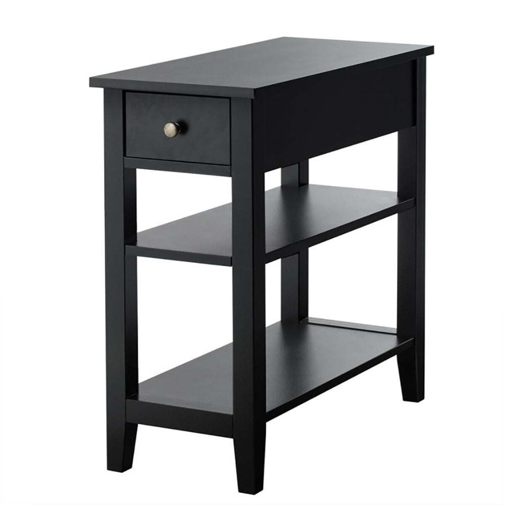 Finihen End Side Table, Rectangular Nightstand, 3-Tier Nightstand Bedside Table Sofa Side with Double Shelves Drawer, for Living Room, Bedroom, Black Finihen End Side Table, Rectangular Nightstand, 3-Tier Nightstand Bedside Table Sofa Side with Double Shelves Drawer, for Living Room, Bedroom, Black