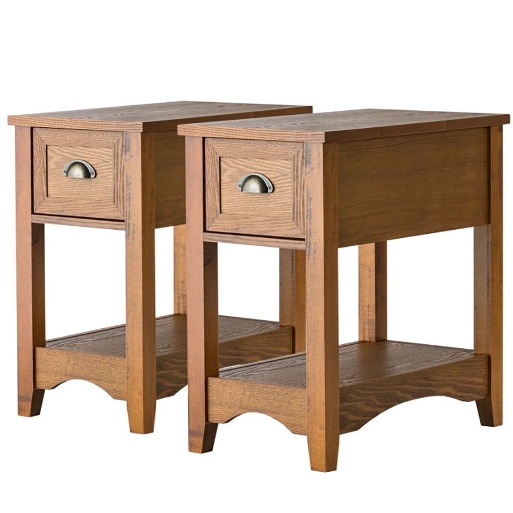 Demi Bonn End Side Table, Set of 2 Contemporary Side End Table with Drawer, for Living Room, Bedroom, Natural