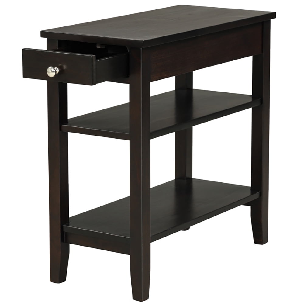 Finihen End Side Table, Sofa Side Table, Bed Side Table, Side End Table with Drawer and 2-Tier Open Storage Shelves for Space Saving, for Living Room, Bedroom, Brown