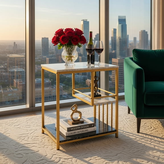 Demi Bonn End Side Table, Sofa Side Table, Bed Side Table, 3-Tier Multi-function Marble End Table with Storage Shelf, for Living Room, Bedroom, Golden