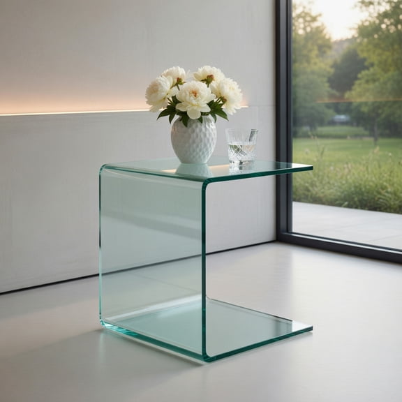 Demi Bonn End Table, 18 x 18 x 16 Inch Tempered Waterfall End Table with non-Slip Pad, Sofa Side Table, for Living Room, Bedroom, Transparent