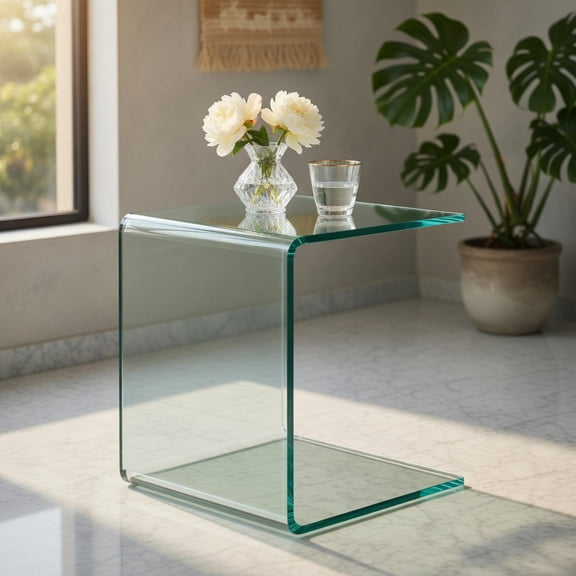 Demi Bonn End Table, 18 x 18 x 16 Inch Tempered Waterfall End Table with non-Slip Pad, Sofa Side Table, for Living Room, Bedroom, Transparent