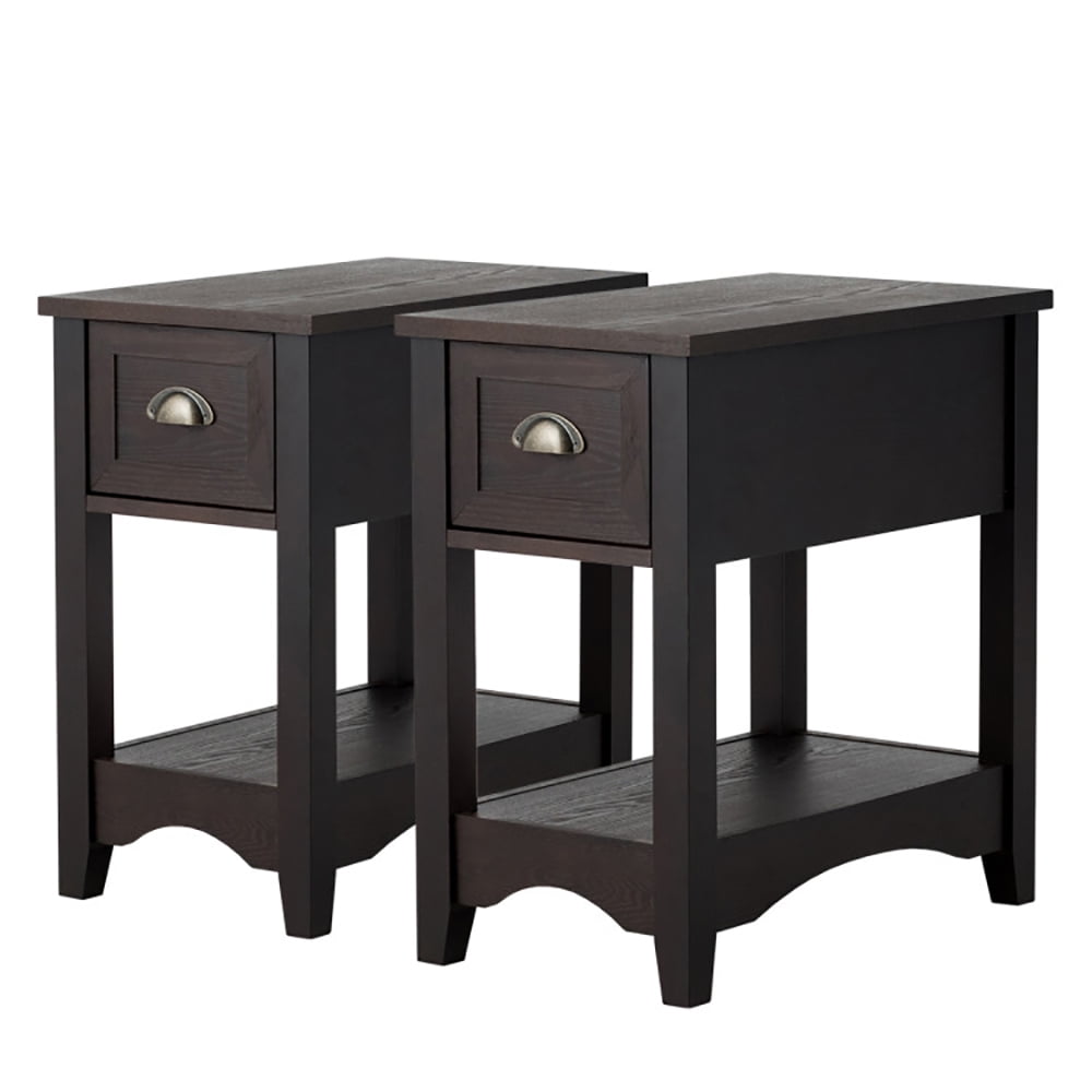 Finihen End Table, 2 Pieces Retro Narrow Tiered End Table with Drawer and Storing Shelf, Sofa Side Table, Bed Side Table, for Living Room, Bedroom, Brown Finihen End Table, 2 Pieces Retro Narrow Tiered End Table with Drawer and Storing Shelf, Sofa Side Table, Bed Side Table, for Living Room, Bedroom, Brown
