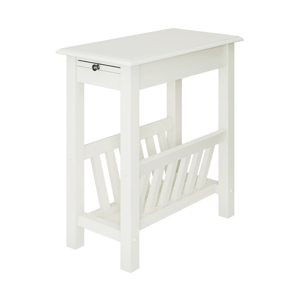Finihen End Table, 2-Tier End Table with Pull-out Tray and Solid Rubber Wood Legs, Sofa Side Table, Bed Side Table, for Living Room, Bedroom, White Finihen End Table, 2-Tier End Table with Pull-out Tray and Solid Rubber Wood Legs, Sofa Side Table, Bed Side Table, for Living Room, Bedroom, White