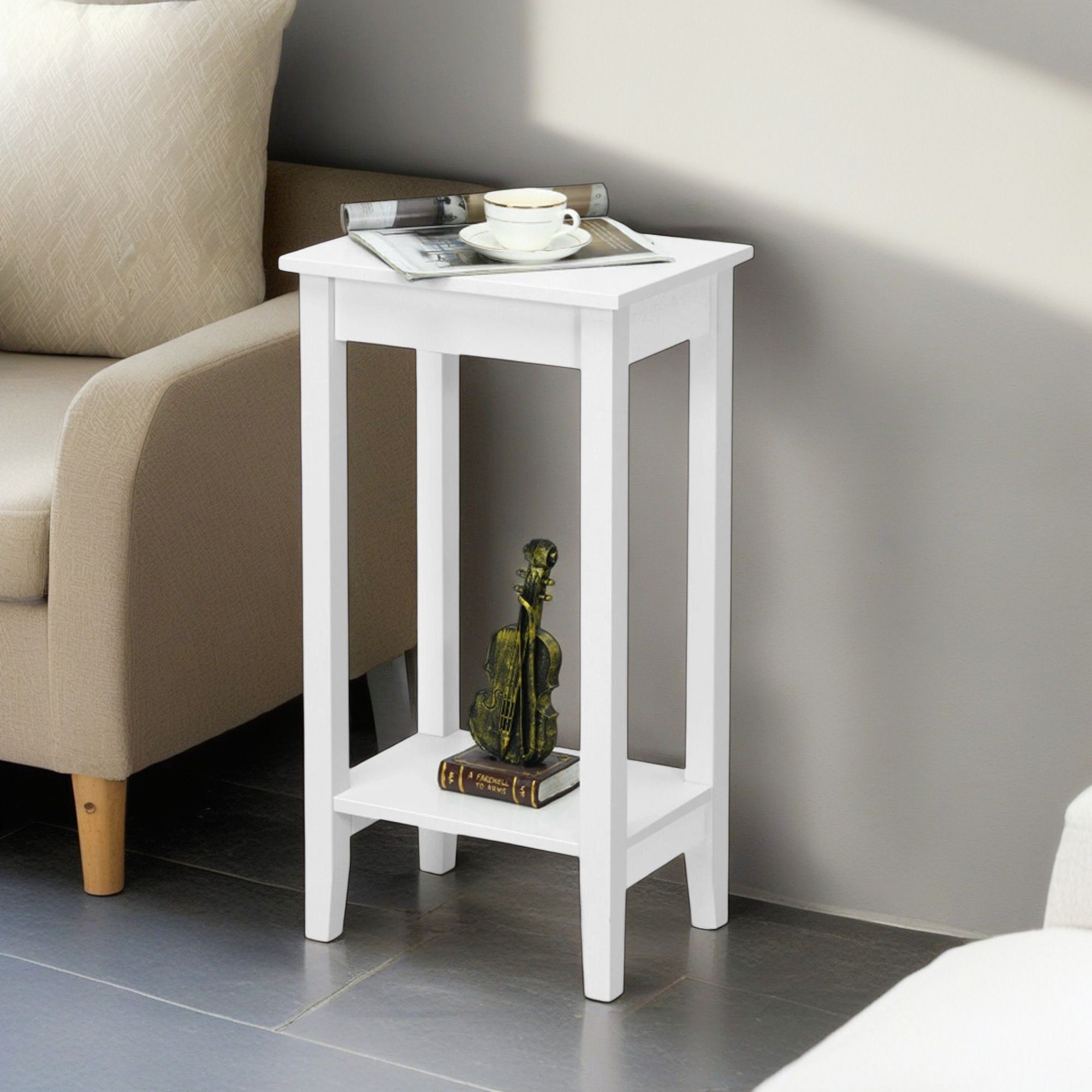 Finihen End Side Table, Bed and Sofa Side Table, 2-Tier Nightstand End Side Wooden Legs Table, for Living Room, Bedroom, White