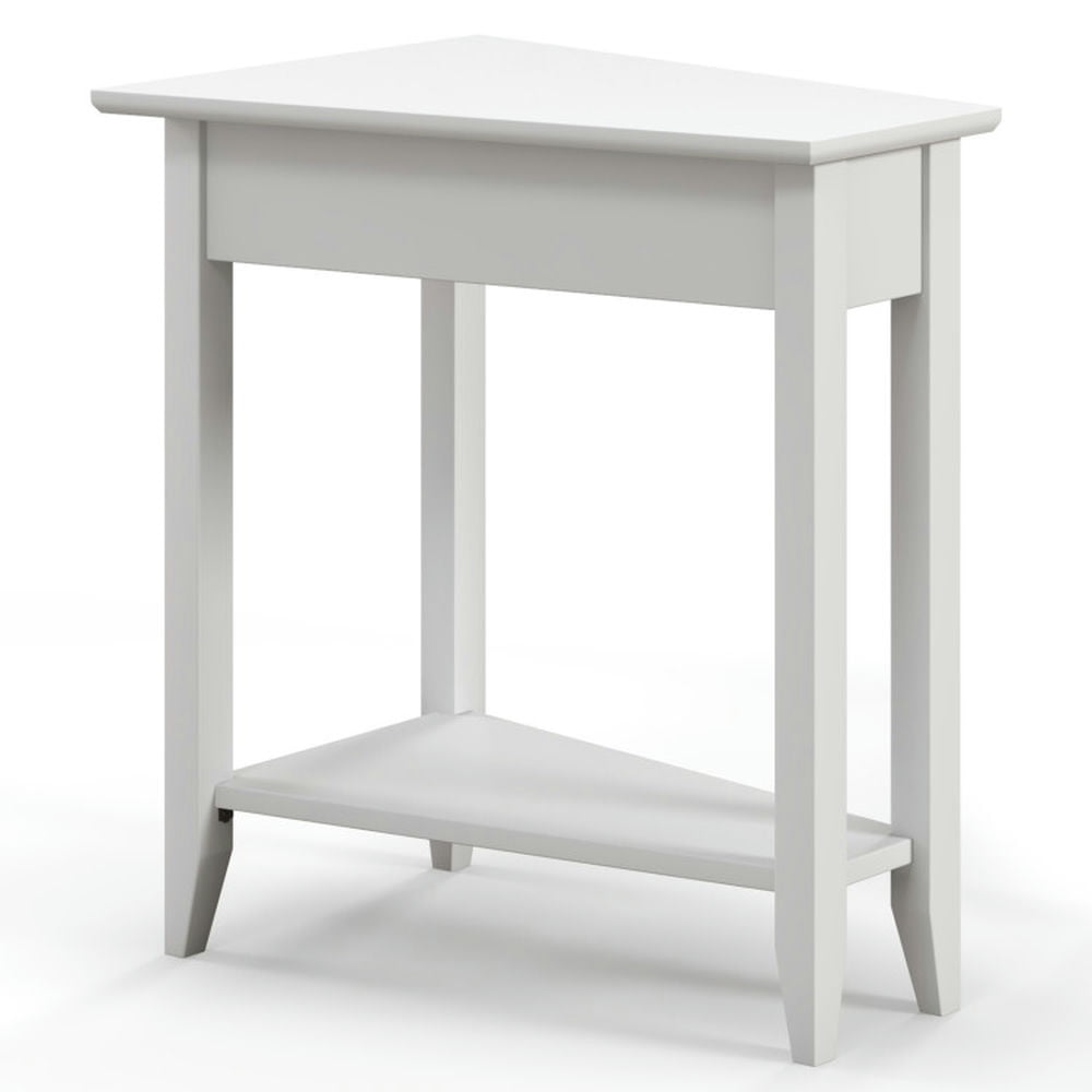 Finihen End Table, 2-Tier Wedge Narrow End Table with Storage Shelf and Solid Wood Legs, Sofa Side Table, Bed Side Table, for Living Room, Bedroom, White Finihen End Table, 2-Tier Wedge Narrow End Table with Storage Shelf and Solid Wood Legs, Sofa Side Table, Bed Side Table, for Living Room, Bedroom, White