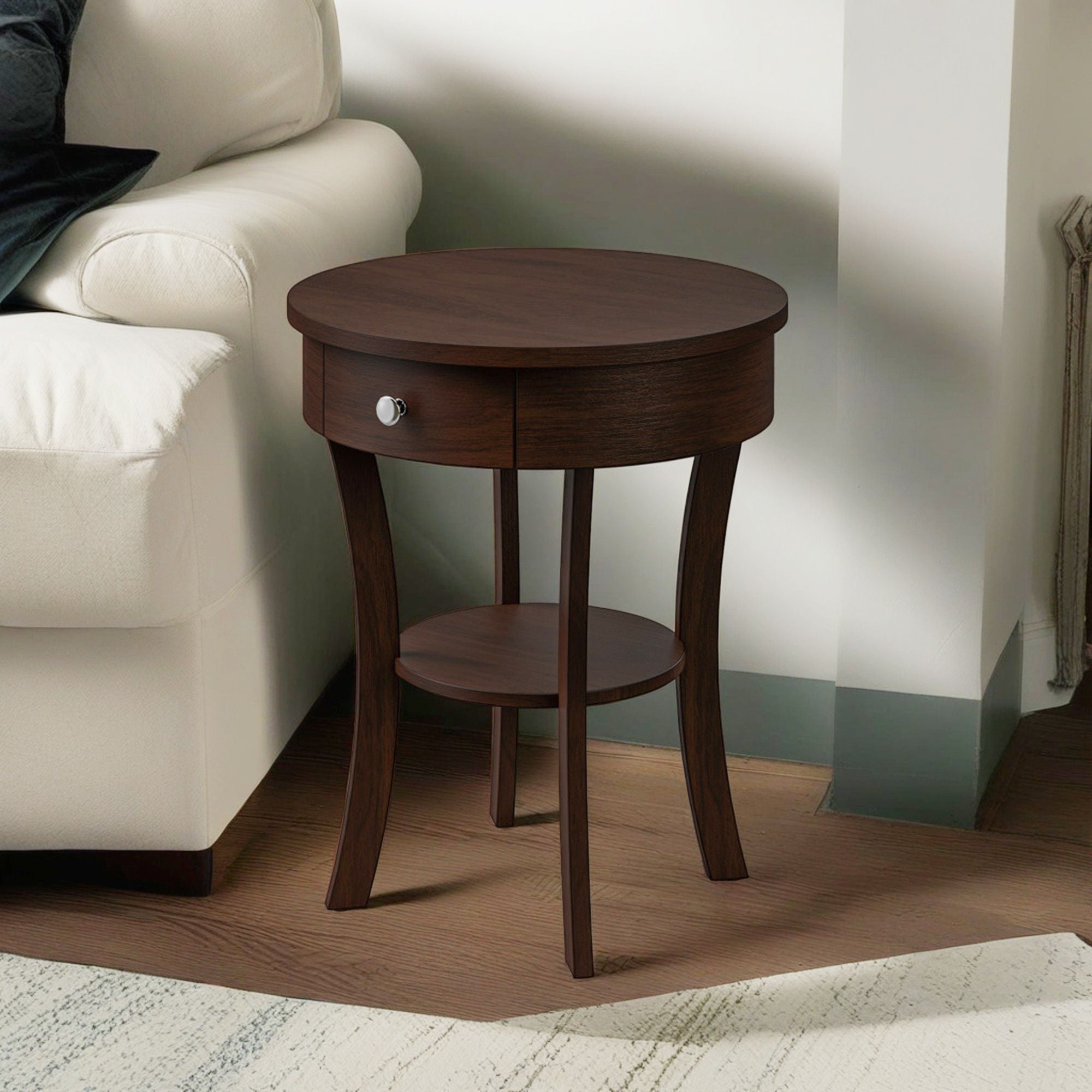 Finihen 2-Tier Wood Round End Table with Open Drawer, Sofa Side Table, Bed Side Table, for Living Room, Bedroom, Brown Finihen 2-Tier Wood Round End Table with Open Drawer, Sofa Side Table, Bed Side Table, for Living Room, Bedroom, Brown