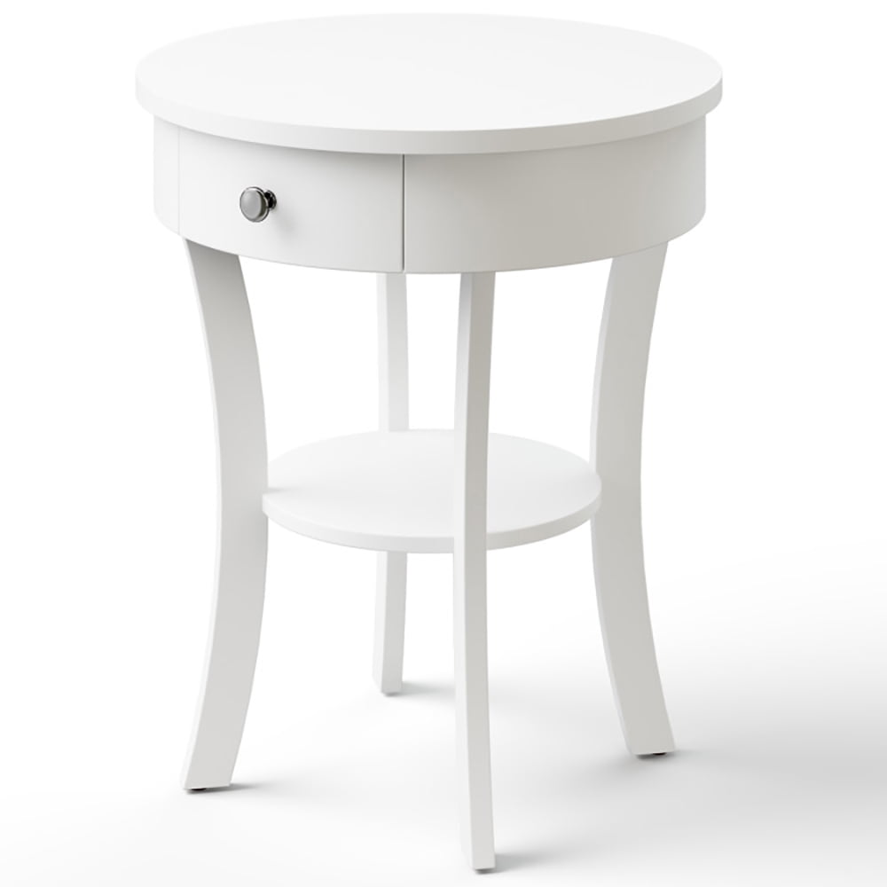 Finihen End Table, 2-Tier Wood Round End Table with Open Drawer, Sofa Side Table, Bed Side Table, for Living Room, Bedroom, White Finihen End Table, 2-Tier Wood Round End Table with Open Drawer, Sofa Side Table, Bed Side Table, for Living Room, Bedroom, White