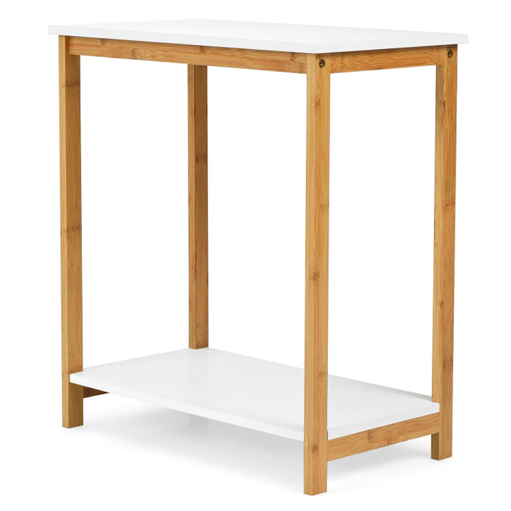 Finihen End Table, 23 Inch Height 2-tier End Table with Bamboo Frame and Bottom Shelf, Sofa Side Table, Bed Side Table, for Living Room, Bedroom, White Finihen End Table, 23 Inch Height 2-tier End Table with Bamboo Frame and Bottom Shelf, Sofa Side Table, Bed Side Table, for Living Room, Bedroom, White