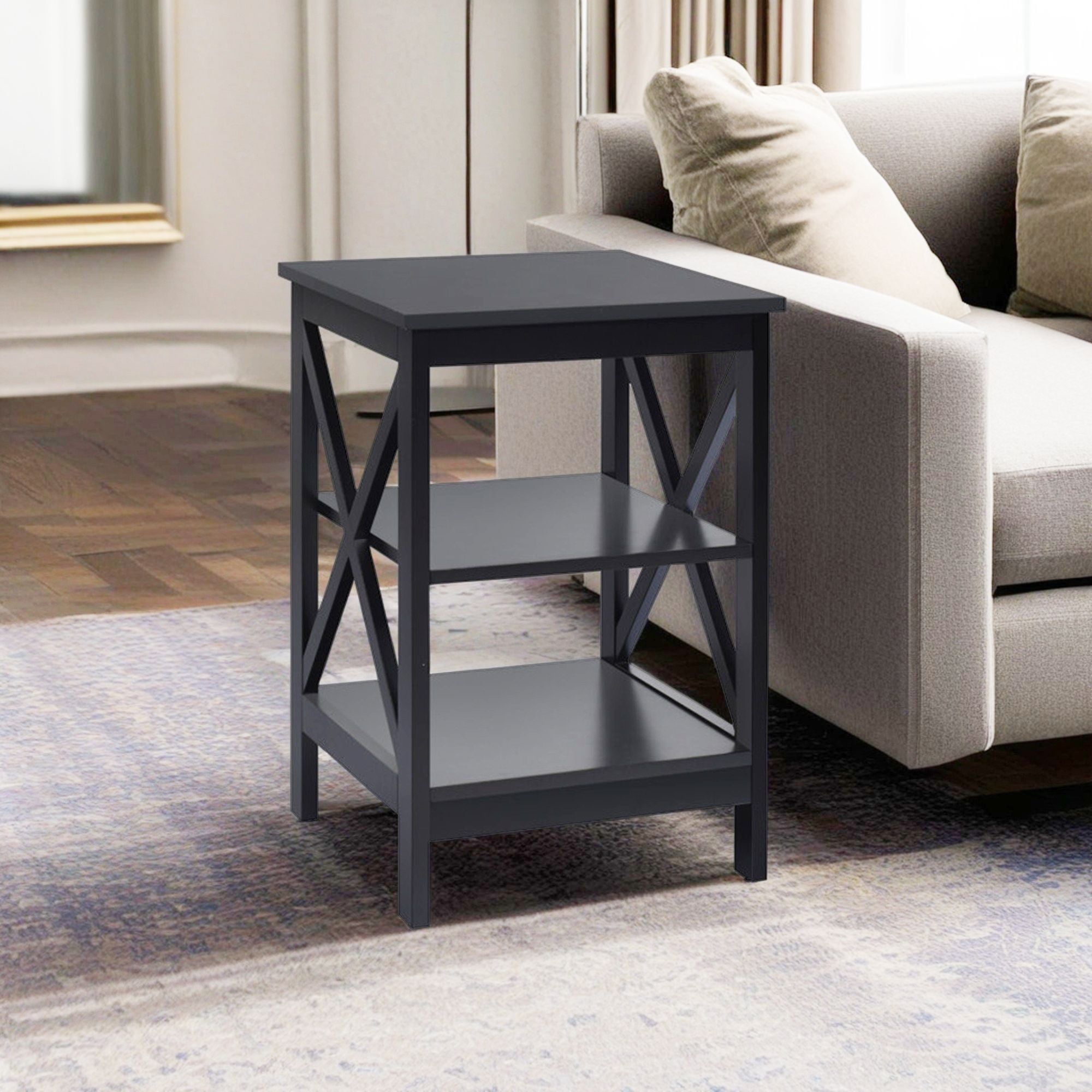 Demi Bonn End Table, 3-Tier X-Design Nightstands with Storage Shelves, Bed Side Tables, for Living Room, Bedroom, Black