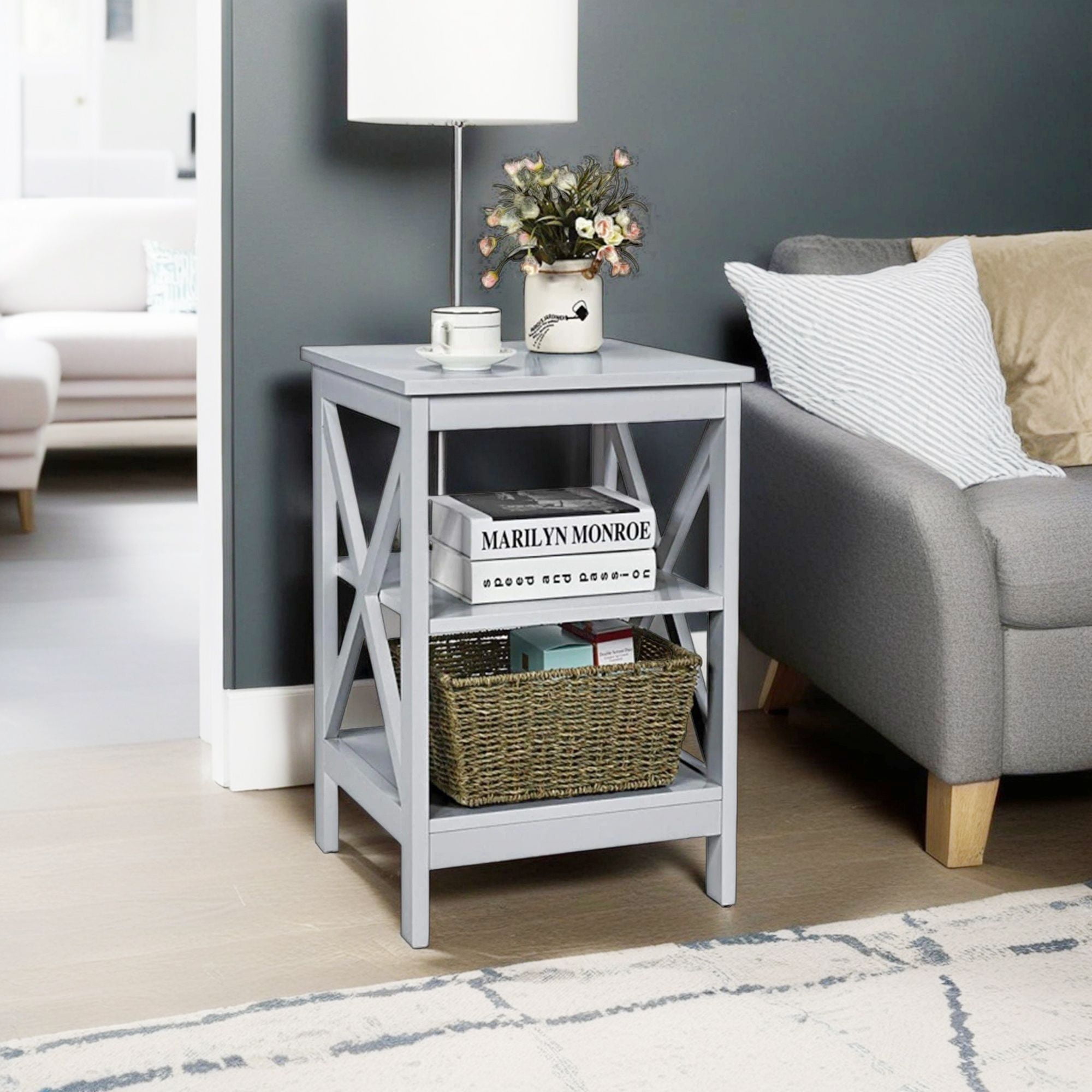 Demi Bonn End Table, 3-Tier X-Design Nightstands with Storage Shelves, Bed Side Tables, for Living Room, Bedroom, Gray