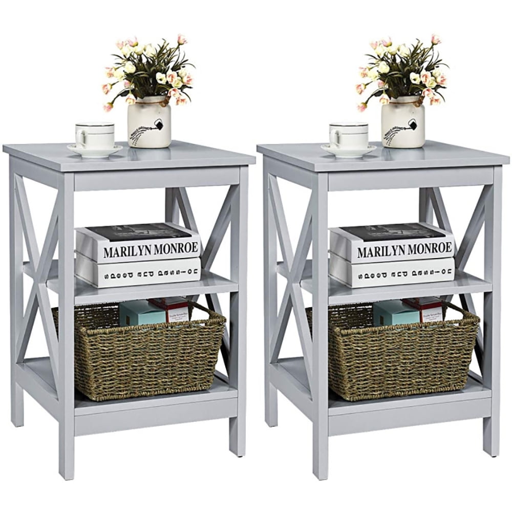 Finihen End Table, 3-Tier X-Design Nightstands with Storage Shelves, Bed Side Tables, for Living Room, Bedroom, Gray Finihen End Table, 3-Tier X-Design Nightstands with Storage Shelves, Bed Side Tables, for Living Room, Bedroom, Gray