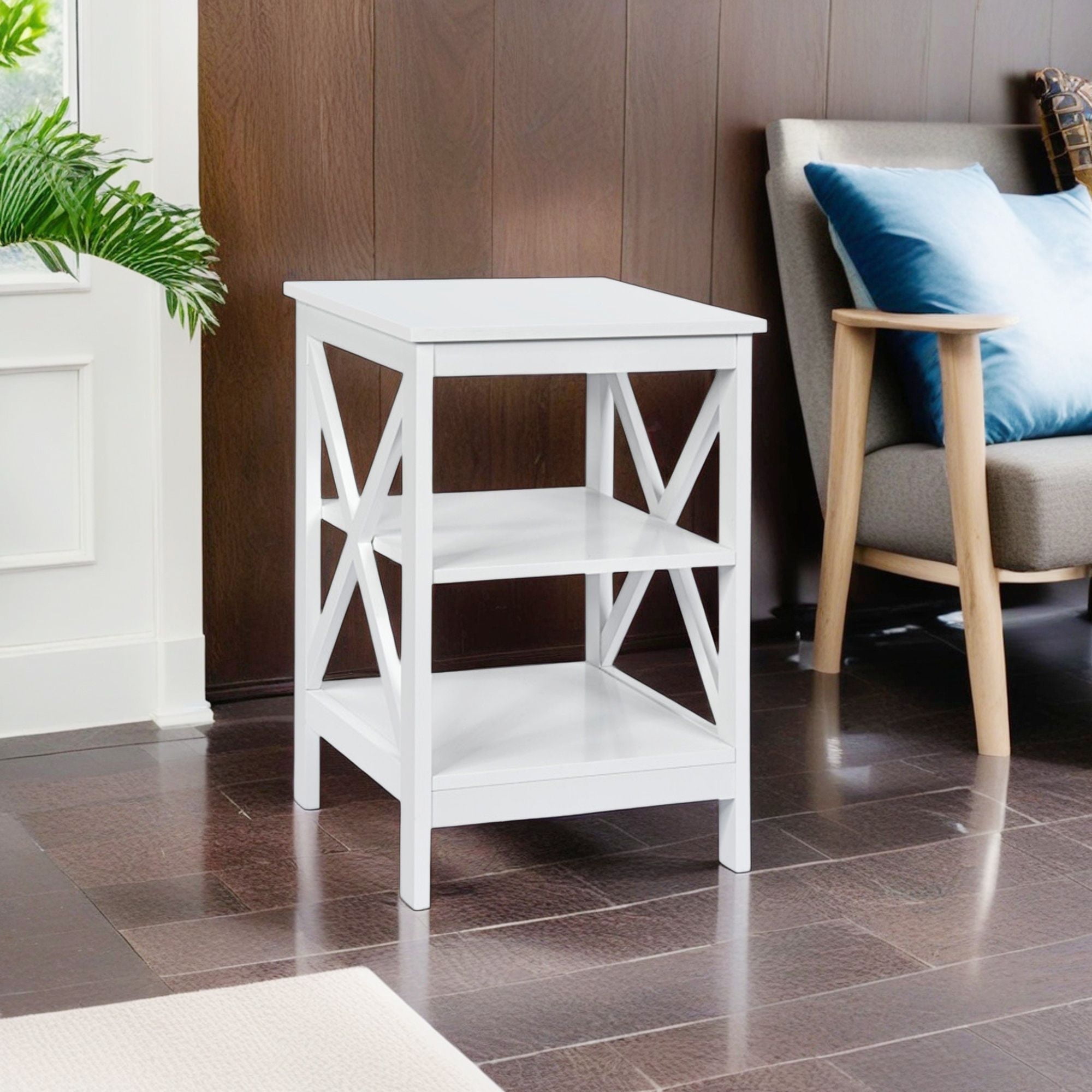 Demi Bonn End Table, 3-Tier X-Design Nightstands with Storage Shelves, Bed Side Tables, for Living Room, Bedroom, White