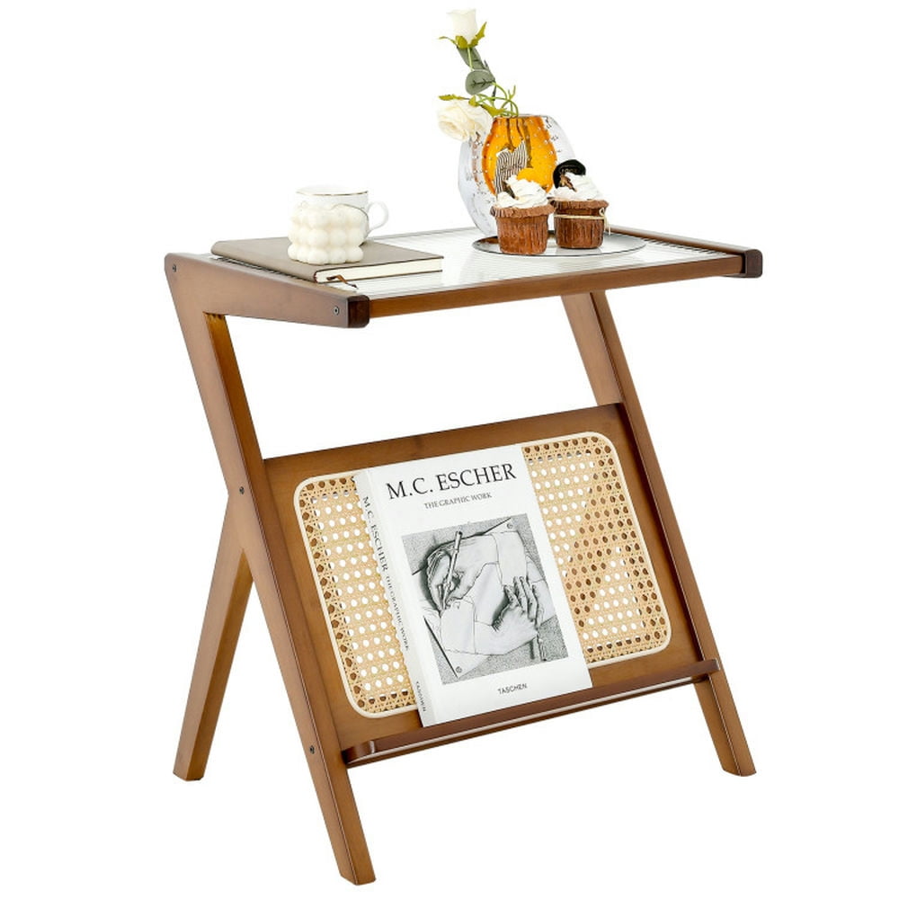 Finihen End Table, Boho End Table with Magazine Rack and Tempered Glass Top, Sofa Side Table, Bed Side Table, for Living Room, Bedroom, Walnut Finihen End Table, Boho End Table with Magazine Rack and Tempered Glass Top, Sofa Side Table, Bed Side Table, for Living Room, Bedroom, Walnut