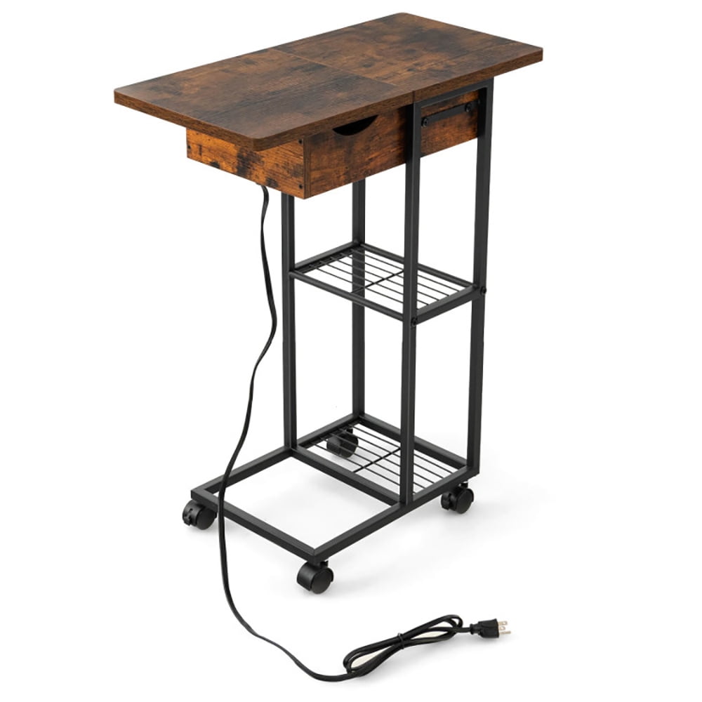 Finihen End Table, C-Shaped End Side Table with Charging Station and Wheels, Sofa Side Table, Bed Side Table, for Living Room, Bedroom, Rustic Brown Finihen End Table, C-Shaped End Side Table with Charging Station and Wheels, Sofa Side Table, Bed Side Table, for Living Room, Bedroom, Rustic Brown