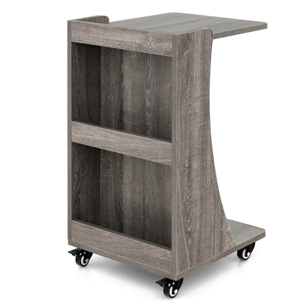 Finihen End Table, C-shaped Rolling End Side with Back Storage Shelves beside Sofa, Sofa Side Table, Bed Side Table, for Living Room, Bedroom, Gray Finihen End Table, C-shaped Rolling End Side with Back Storage Shelves beside Sofa, Sofa Side Table, Bed Side Table, for Living Room, Bedroom, Gray