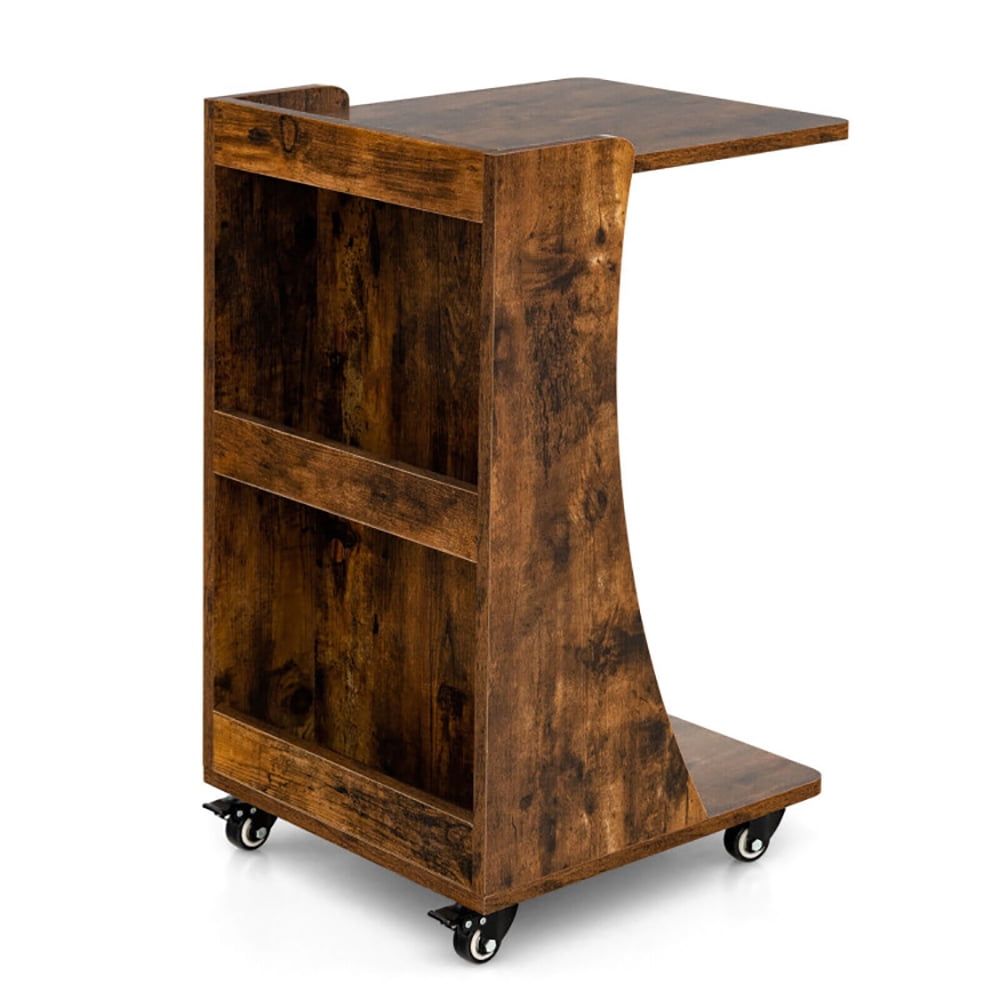 Finihen End Table, C-shaped Rolling End Side with Back Storage Shelves beside Sofa, Sofa Side Table, Bed Side Table, for Living Room, Bedroom, Rustic Brown Finihen End Table, C-shaped Rolling End Side with Back Storage Shelves beside Sofa, Sofa Side Table, Bed Side Table, for Living Room, Bedroom, Rustic Brown