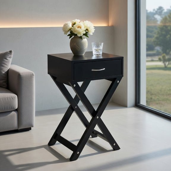 Demi Bonn End Table, Design Sofa Side Table with X-Shape Drawer, Sofa Side Table, Bed Side Table, for Small Space, Living Room, Bedroom, Black