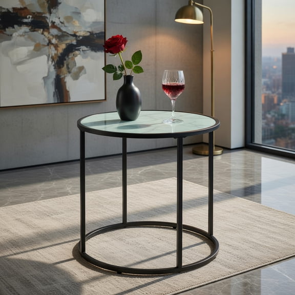 Demi Bonn End Table, Glass End Table, 20ch Glass End Table with Metal Frame and Faux Marble Glass Top, for Living Room, Bedroom, Black & White