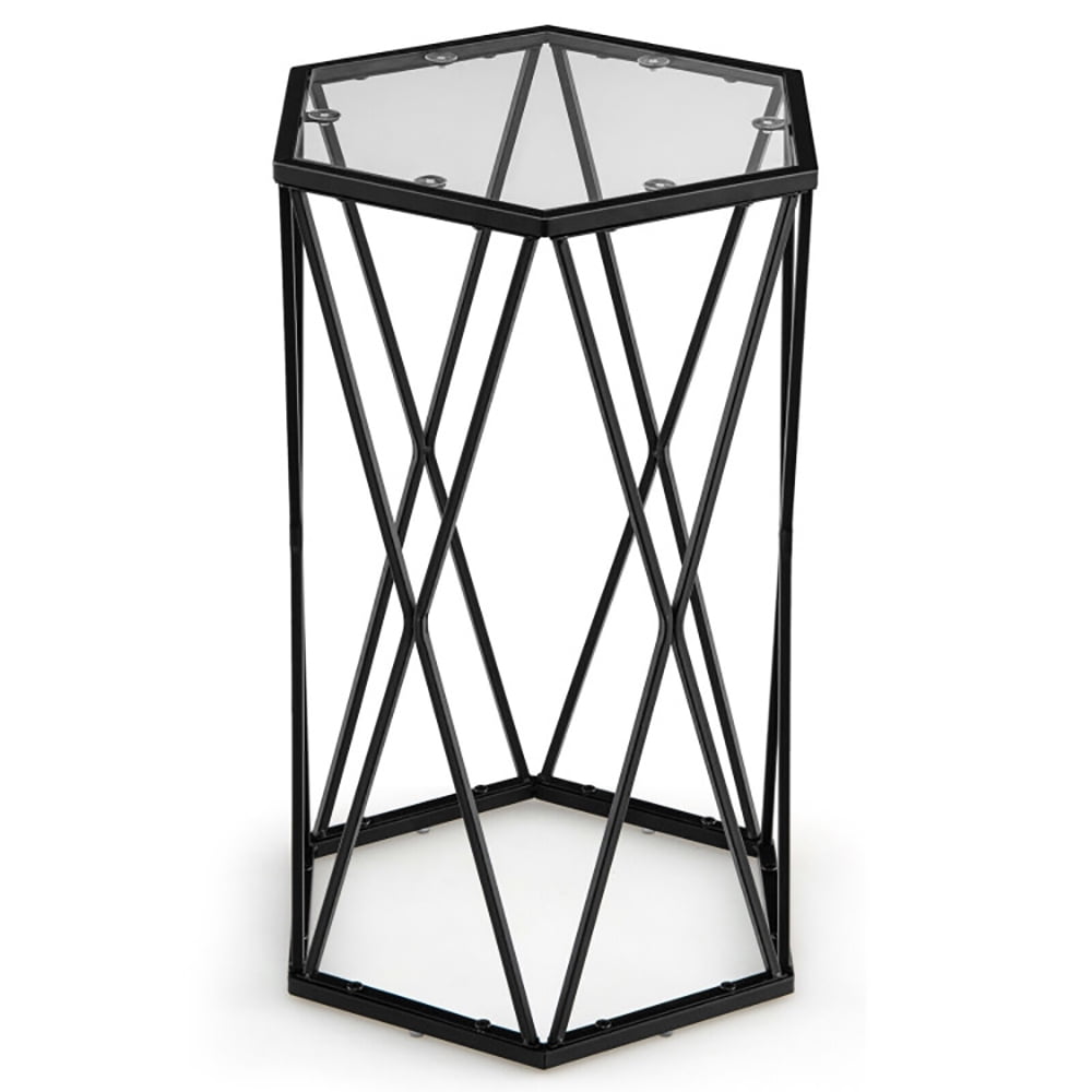 Finihen End Table, Hexagonal Accent End Table with Tempered Glass Top and Metal Frame, Bed Side Table, for Living Room, Bedroom, Black Finihen End Table, Hexagonal Accent End Table with Tempered Glass Top and Metal Frame, Bed Side Table, for Living Room, Bedroom, Black