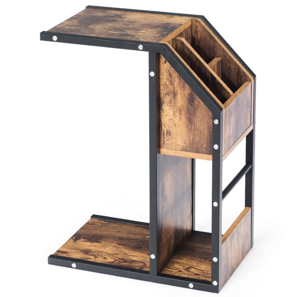 Finihen End Table, Industrial C-Shape Snack End Table with Storage Space, Sofa Side Table, Bed Side Table, for Living Room, Bedroom, Brown Finihen End Table, Industrial C-Shape Snack End Table with Storage Space, Sofa Side Table, Bed Side Table, for Living Room, Bedroom, Brown