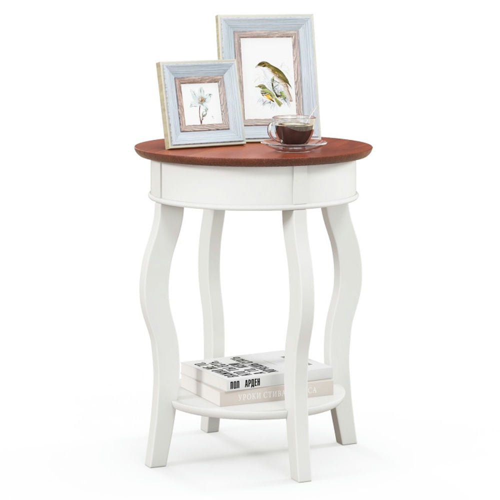 Finihen End Table, Round End Table, 2-Tier Round End Table with Storage Shelf and Solid Rubber Wood Legs, Sofa Side Table, Bed Side Table, for Living Room, Bedroom, Walnut & White Finihen End Table, Round End Table, 2-Tier Round End Table with Storage Shelf and Solid Rubber Wood Legs, Sofa Side Table, Bed Side Table, for Living Room, Bedroom, Walnut & White