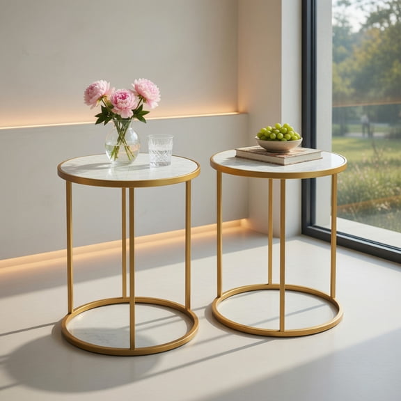 Demi Bonn End Table, Round Marble End Table, 16ch Marble Top Round Side Table with Golden Metal Frame-Set of 2, Sofa Side Table, Bed Side Table, for Living Room, Bedroom, White