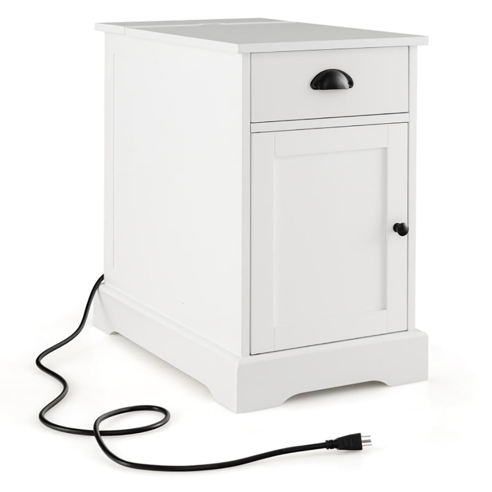 Demi Bonn End Table, Side Table with Charging Station and Flip Top, Sofa Side Table, Bed Side Table, for Living Room, Bedroom, White