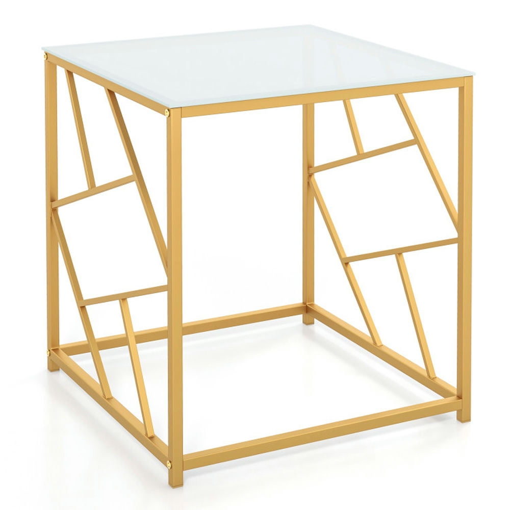 Finihen End Table, Tempered Glass End Table, Square End Table with Tempered Glass Tabletop and Gold Finish Geometric Frame, for Living Room, Bedroom, White & Gold Finihen End Table, Tempered Glass End Table, Square End Table with Tempered Glass Tabletop and Gold Finish Geometric Frame, for Living Room, Bedroom, White & Gold