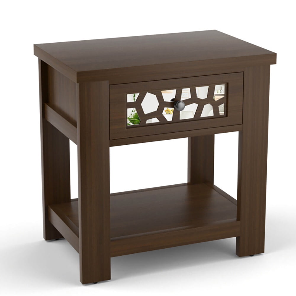 Finihen End Table, Wood Retro End Table with Mirrored Glass Drawer and Open Storage Shelf, Sofa Side Table, Bed Side Table, for Living Room, Bedroom, Brown Finihen End Table, Wood Retro End Table with Mirrored Glass Drawer and Open Storage Shelf, Sofa Side Table, Bed Side Table, for Living Room, Bedroom, Brown
