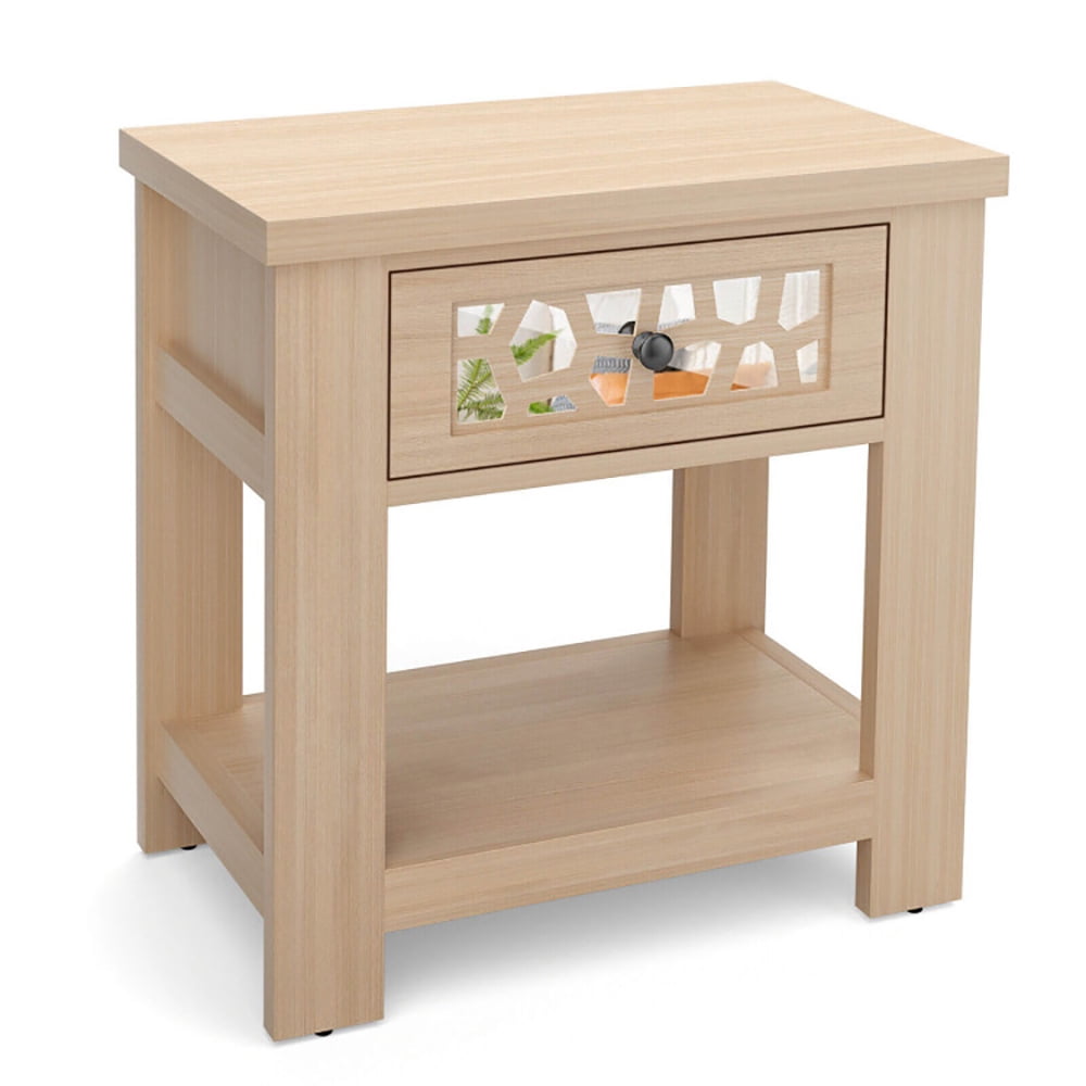 Finihen End Table, Wood Retro End Table with Mirrored Glass Drawer and Open Storage Shelf, Sofa Side Table, Bed Side Table, for Living Room, Bedroom, Natural Finihen End Table, Wood Retro End Table with Mirrored Glass Drawer and Open Storage Shelf, Sofa Side Table, Bed Side Table, for Living Room, Bedroom, Natural