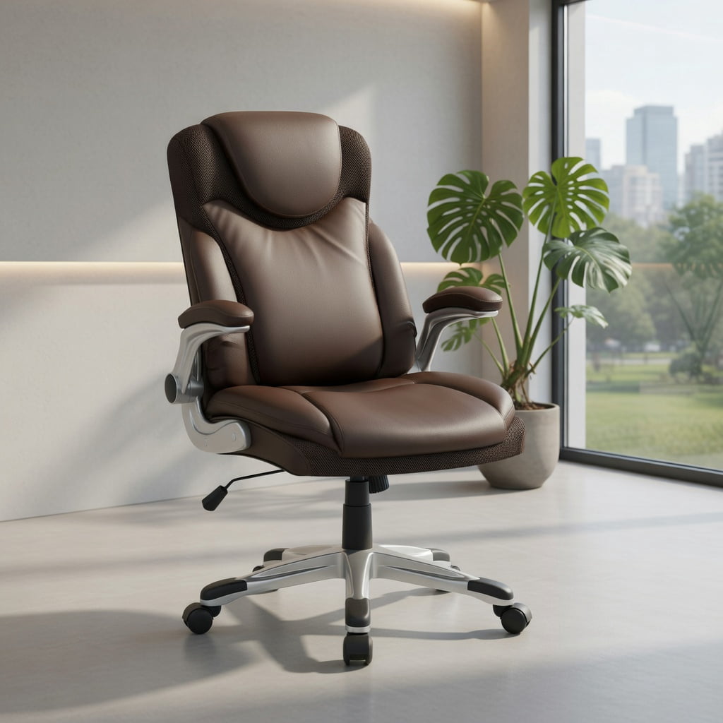 Demi Bonn Ergonomic Office PU Leather Executive Chair with Flip-up Armrests and Rocking Function, for Home, Bedroom, Study, Brown