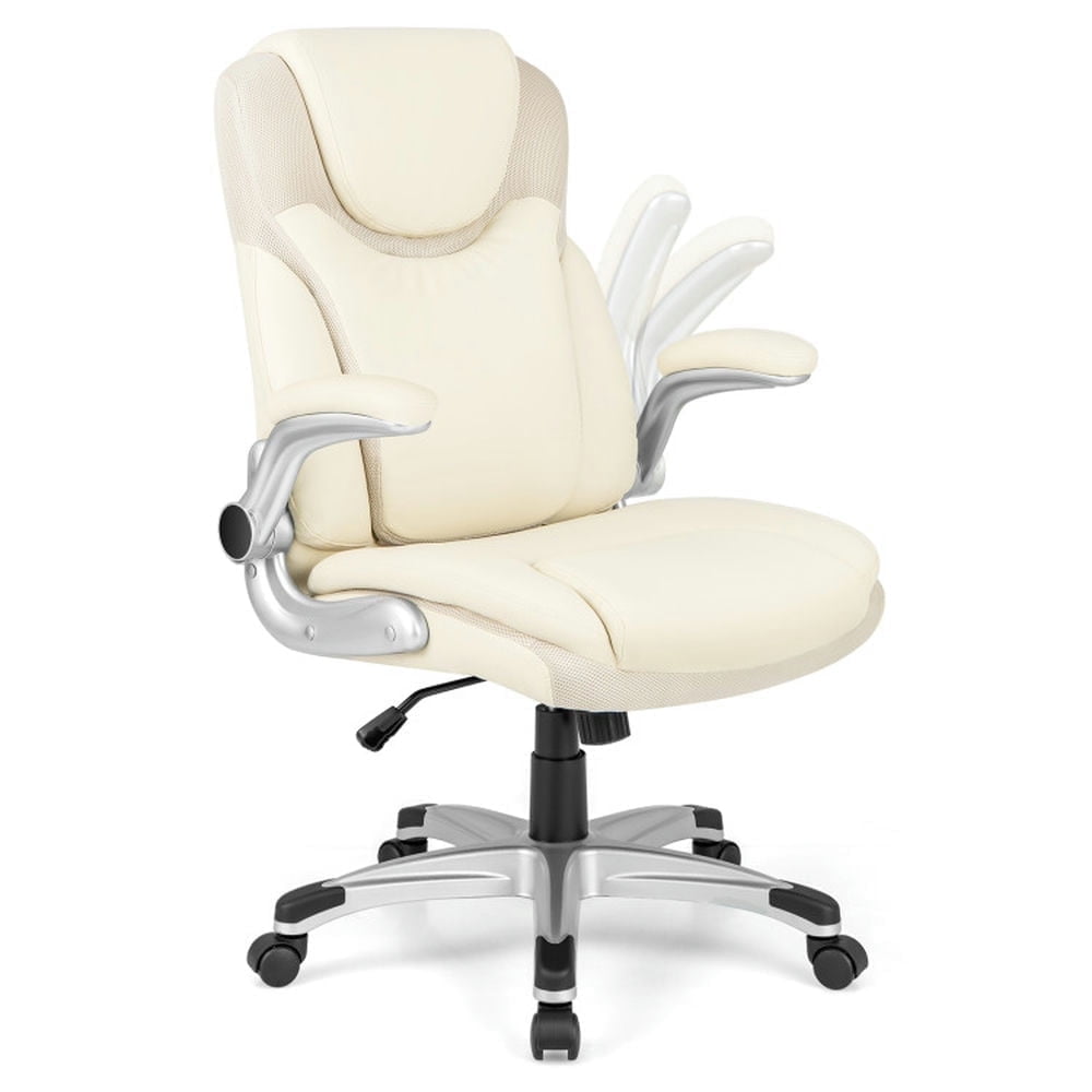 Demi Bonn Ergonomic Office PU Leather Executive Chair with Flip-up Armrests and Rocking Function, for Home, Bedroom, Study, White