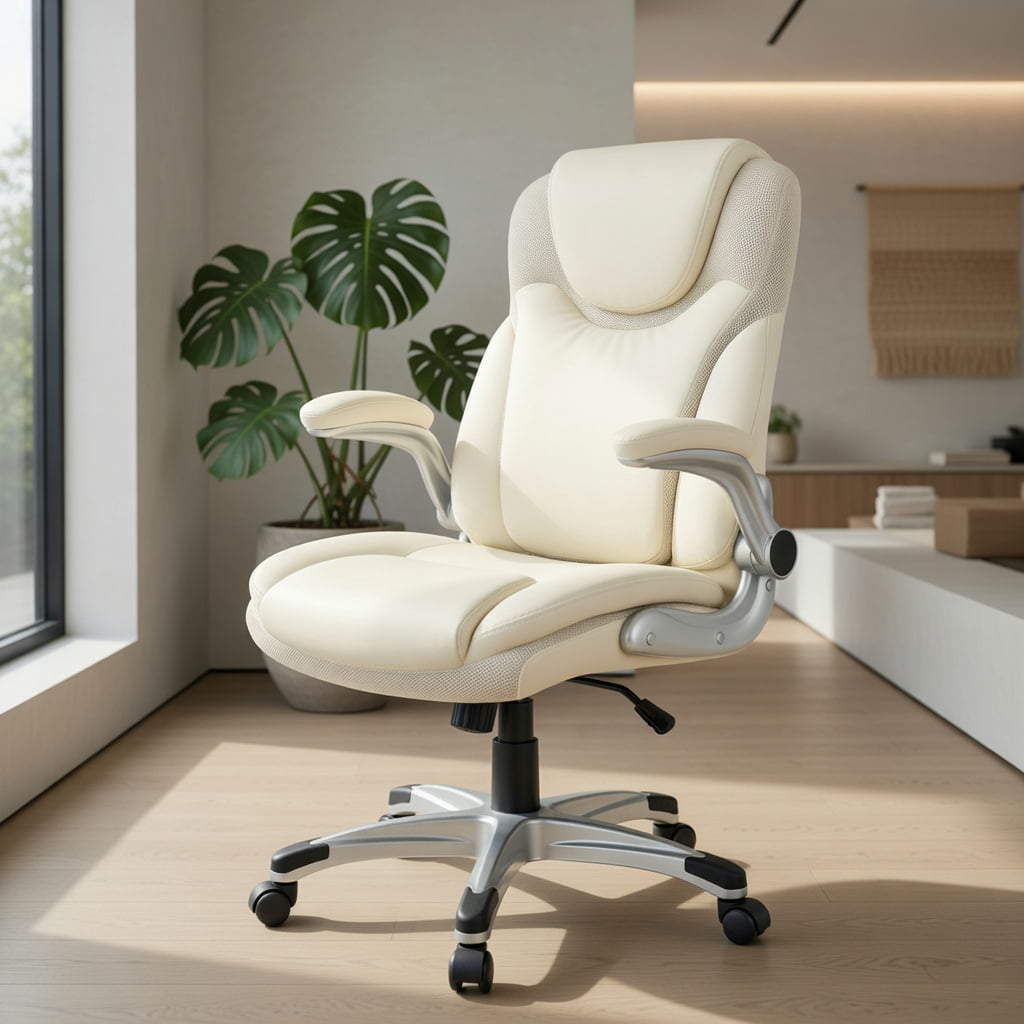 Demi Bonn Ergonomic Office PU Leather Executive Chair with Flip-up Armrests and Rocking Function, for Home, Bedroom, Study, White