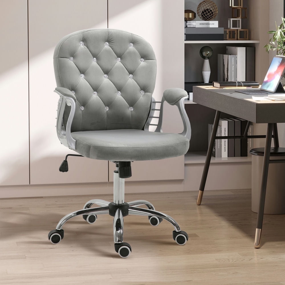 Demi Bonn Executive Home Office Chair, Ergonomic Mid-Back with Padded Armrests, Swivel Base, Easy Assembly, Velvet Button Tufted Desk Chair, Gray