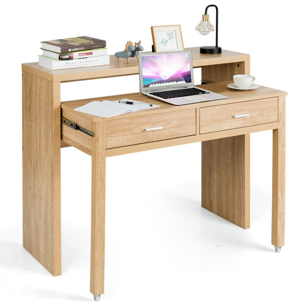 Finihen Extendable Computer Desk with Pull Out Secondary Desk, Small Home Office Desk Study Writing Table, Beige Finihen Extendable Computer Desk with Pull Out Secondary Desk, Small Home Office Desk Study Writing Table, Beige
