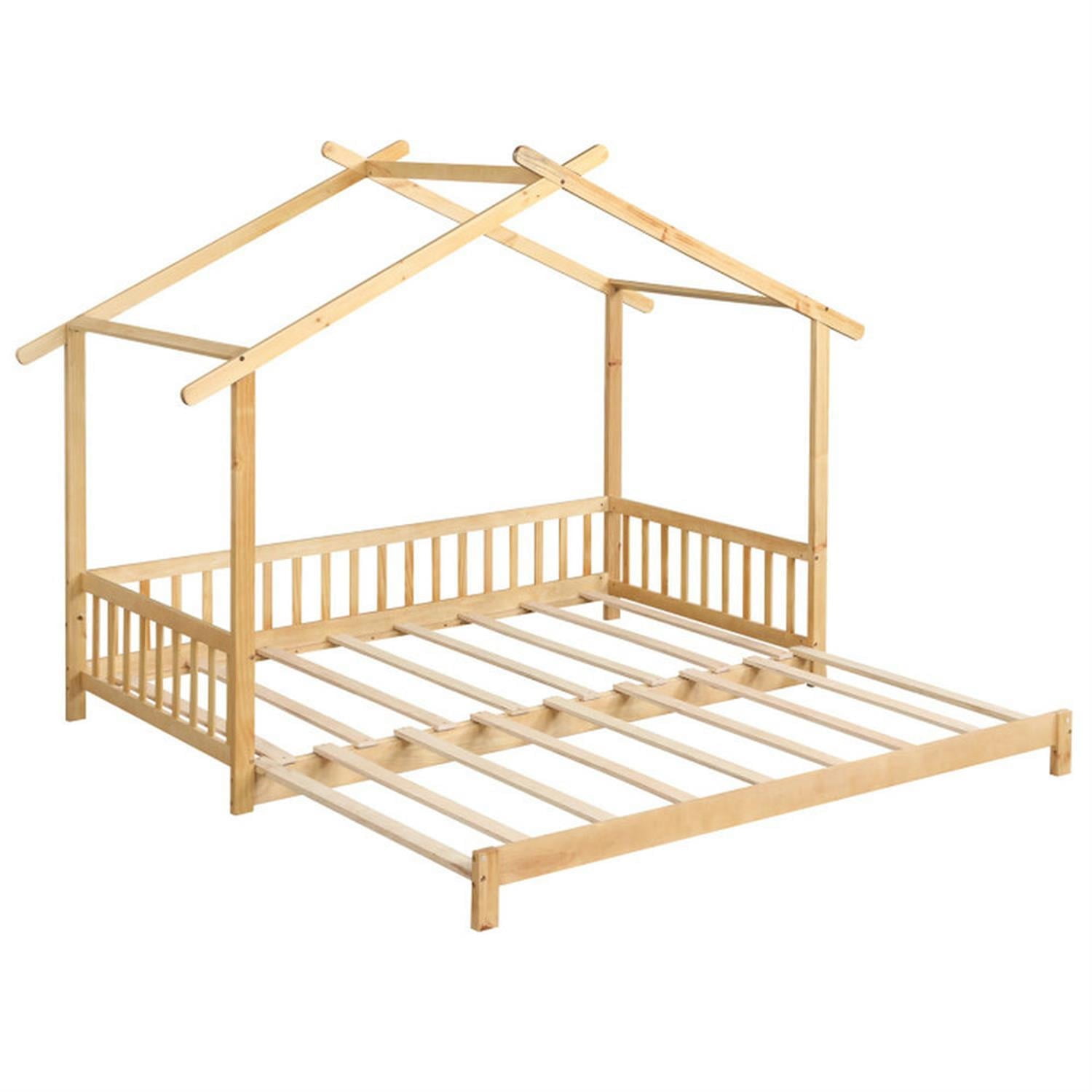 Demi Bonn Extendable House Bed Twin to King Daybed with Roof and Fence Rails, Modern Platform Bed Frames for Teens, Beige