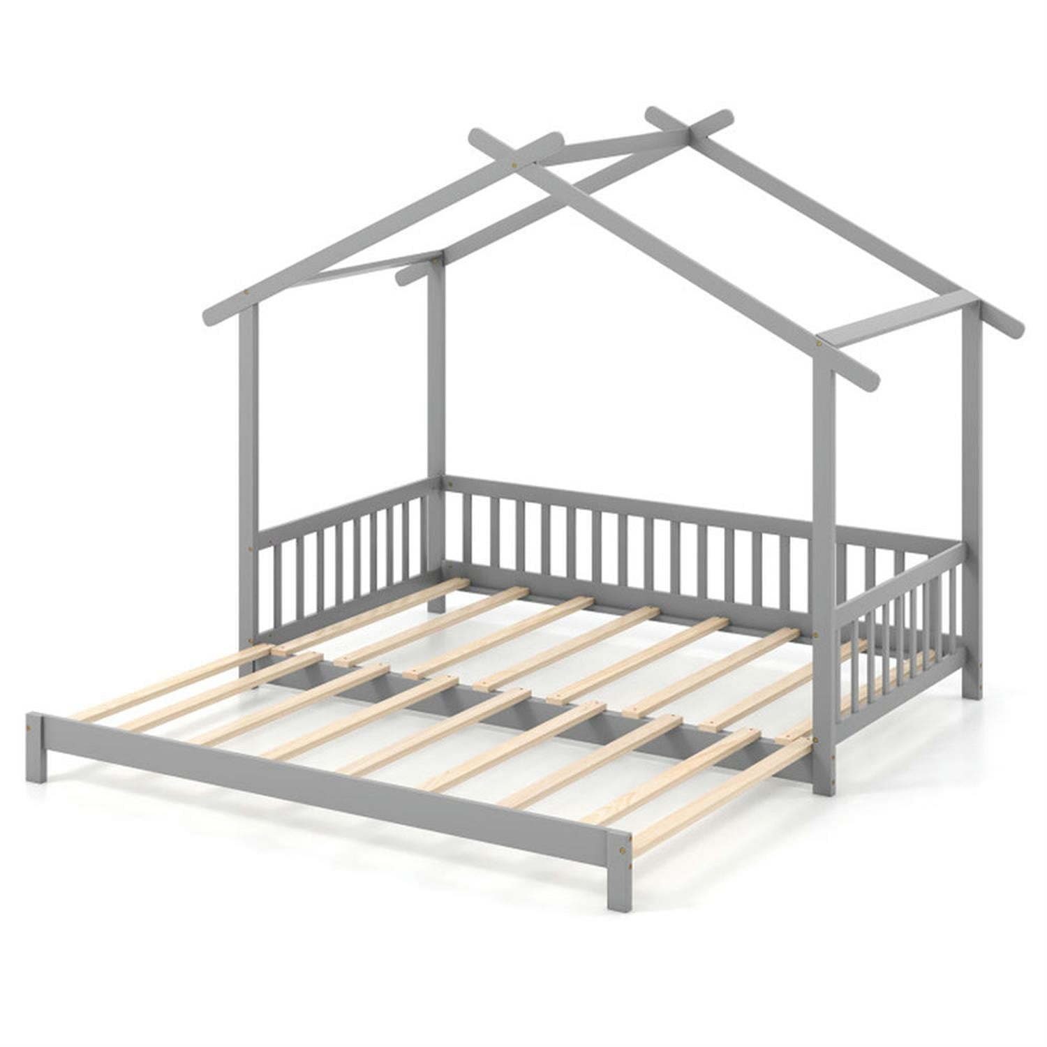 Demi Bonn Extendable House Bed Twin to King Daybed with Roof and Fence Rails, Modern Platform Bed Frames for Teens, Gray